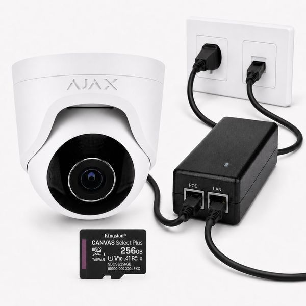 Комплект IP-камера Ajax TurretCam (2.8 мм) 5 Мп White + блок живлення PoE Atis + карта пам&rsquo;яті Kingston 256GB 000039304+000008213+000060179  фото
